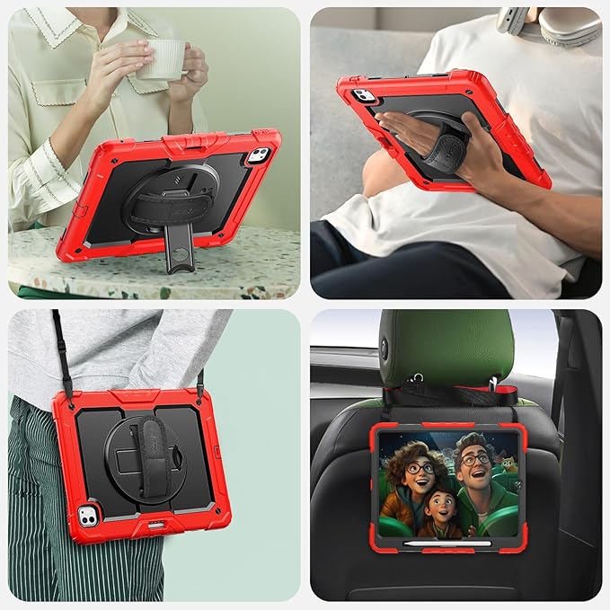 SEYMAC Case for iPad Pro 13 Inch M5 2025 / M4 2024, Heavy Duty Shockproof Protective Case with Screen Protector, 360° Rotating Stand, Hand/Shoulder Strap and Pen Holder, Red
