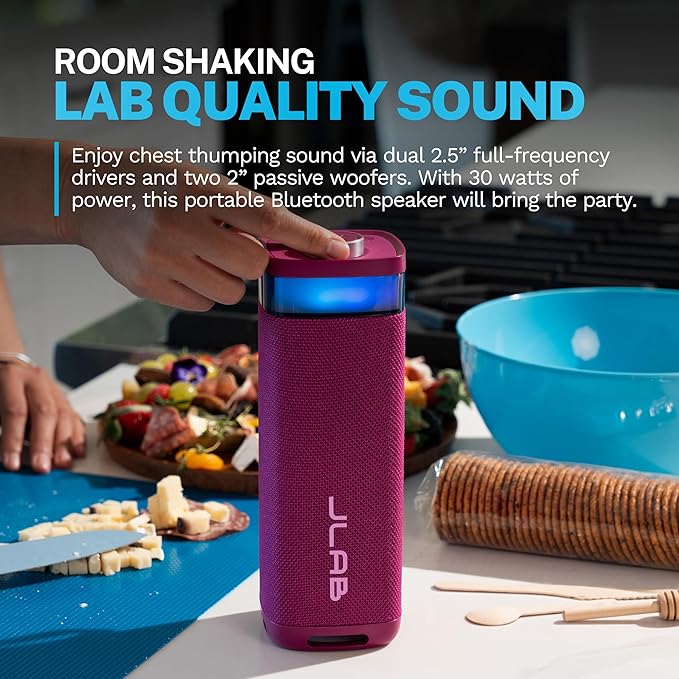 JLab JBuds Party Portable Bluetooth Speaker, 2 Full-Range Drivers + 2 Passive Woofers, IP56 Waterproof, 12 Hours Playtime, Connect Multiple Speakers, Custom Sound + RGB Lighting via App, Mulberry