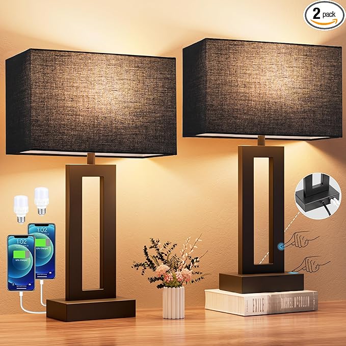 Seealle Nightstand Table Lamps for Bedrooms Set of 2 - Touch Bedside Lamp with USB C+A, 3 Way Dimmable Living Room End Tables 2, Modern Night Stand Bed Side Guest Room(Black) E. Black