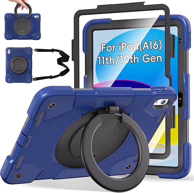 Andnary Case for iPad (A16) 11th /10th Generation 11/10.9 Inch 2025/2022 with Screen Protector/360° Rotate Stand/Shoulder Strap/Pencil Holder, Shockproof iPad 11th/10th Gen Cover (Navy+Black)