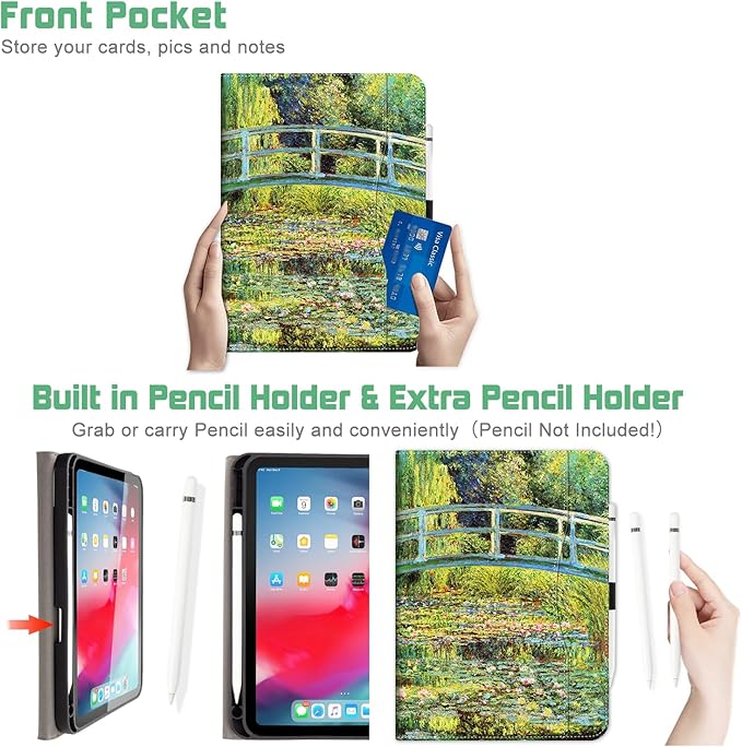 for iPad (A16) 11Th/10Th Generation Case 2025/2022, for iPad Case 11Th/10Th Generation, Fit iPad 10Th/11Th Gen Cases Pencil Holder/Hand Strap/Pocket/Adjustable Stand, Beautiful Water Lilies