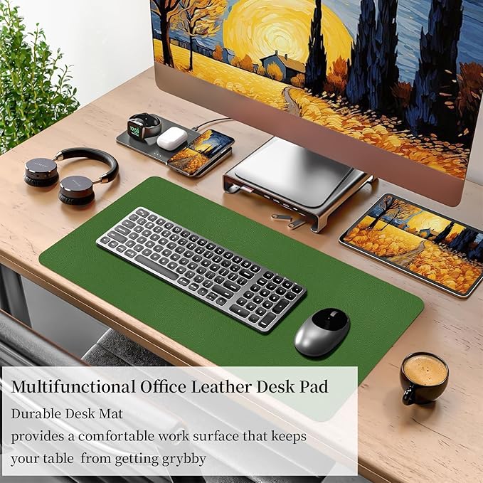 Bloss Green Leather Mouse Pad,Leather Desk Mat Protector,Dual-Side Use Mouse Mats,Office Desks Mats,Laptop Protector Desks Mat,Waterproof Keyboard Pads,Desk Writing Pad for Office/Home.23.6"x 13.8"