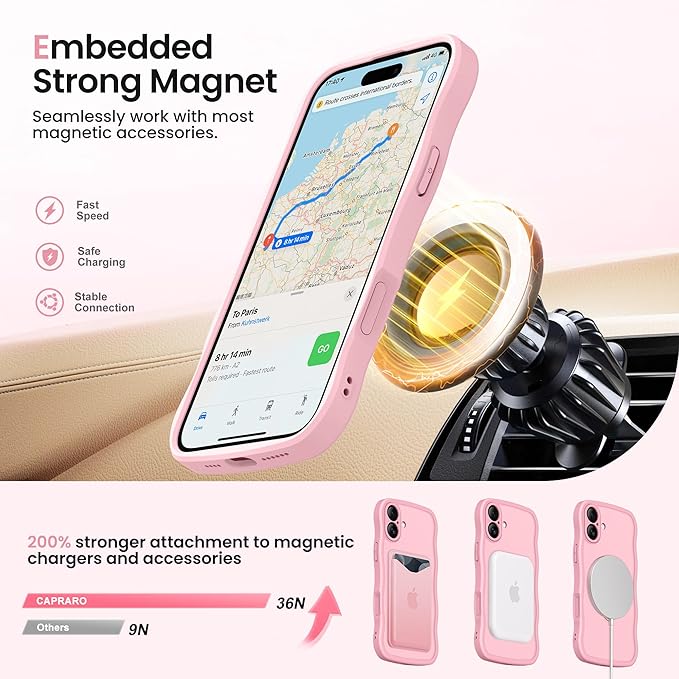 CAPRARO for iPhone 16 Case with 360° Spin Magnetic Stand for Women, [Compatible with MagSafe] [Full Camera Protection] Cute Wave Translucent Matte Case for iPhone 16, Peach Pink