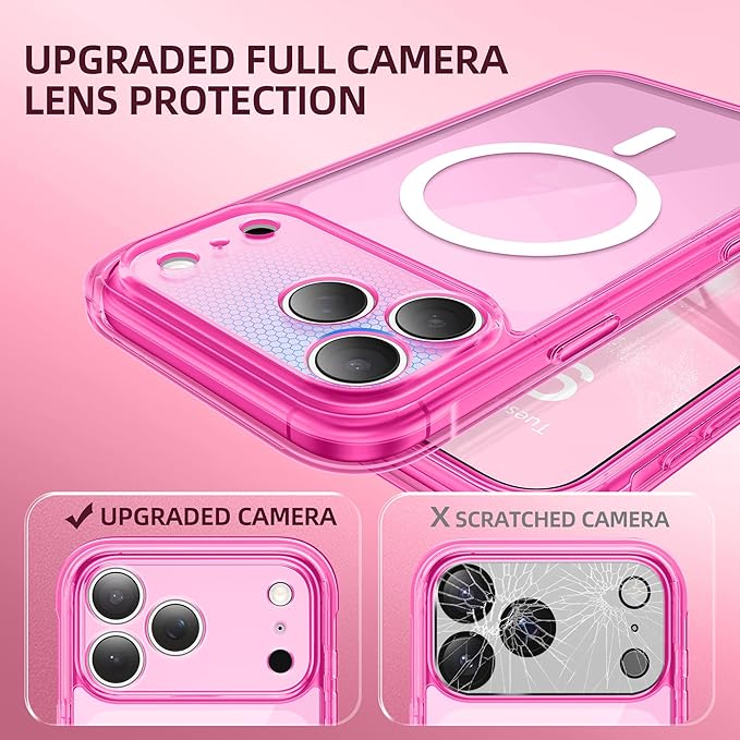 BERFY for iPhone 17 Pro Max Case, Compatible with MagSafe, Built-in Glass Screen Protector, Camera Protection, Shockproof Full Body Phone case 6.9", Clear Bright Pink
