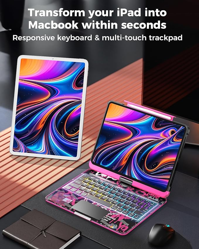TSQQST Clear Wireless Keyboard Case for iPad Pro 13 Inch M5/M4 2025/2024 with Pencil Holder & Multi-Touch Trackpad, Visible PCB High-Tech Style, 3-Brightness & 7-Color Backlight, 360 Rotatable, Pink