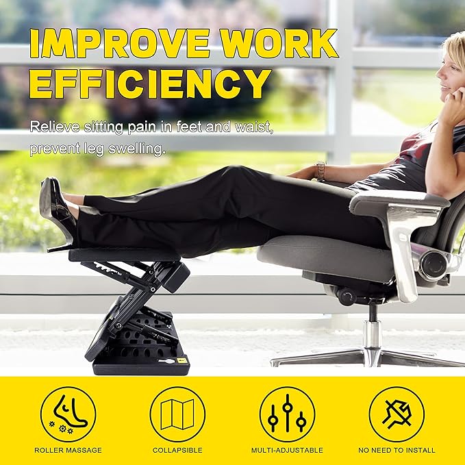 Foot Rest for Under Desk at Work,4-Section Height Adjustable,with Massage Roller and Thick Cushion,Ergonomic Foot Rest,for Car,Office,Computer,Gaming,Adjustable Metal Frame,All-Season Use