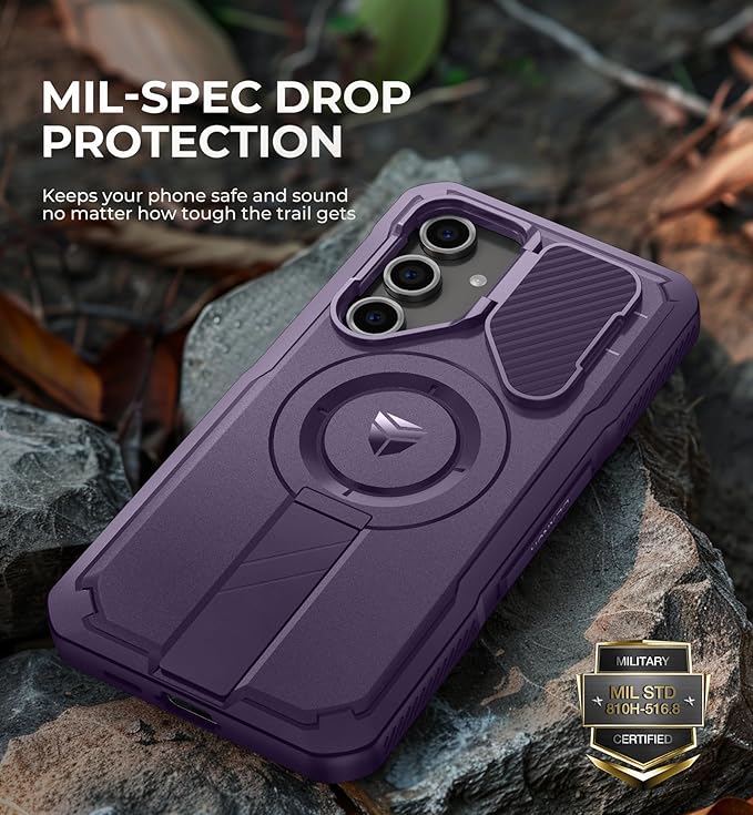 Dexnor for Samsung Galaxy S24 FE Case with Camera Cover & Adjustable Kickstand & Built-in Screen Protector, Magnetic Rugged Shockproof Bumper Cases Heavy-Duty Magnetic Protective Cover,Phantom Purple