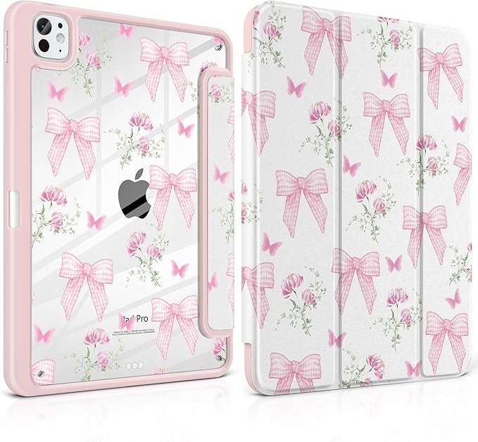 TWOLSKOO Case for iPad Pro 11-inch (M5 2025 / M4 2024), Clear Acrylic Back with TPU Bumper, Pencil Holder, Trifold Stand, Auto Sleep/Wake, Pink Gingham Bows
