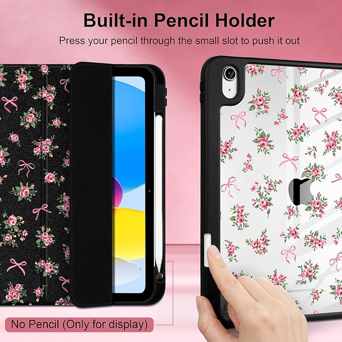 Case for iPad Air 11 inch M4 2026 M3 2025 M2 2024,iPad Air 5th (2022) / 4th (2020) 10.9 Inch Clear Back Shell Lightweight Shockproof TPU Edge Trifold Stand Auto Wake Sleep Cute Cover, Roses