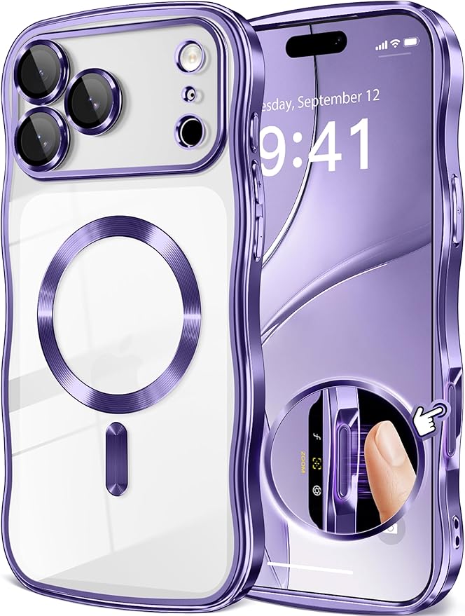 GVIEWIN for iPhone 17 Pro Max Case Compatible with MagSafe, Upgraded [Full Camera Protection][Cute Wave Frame][Military Grade Protection] Electroplated Hard Phone Cover for Women Girl, Clear/Purple