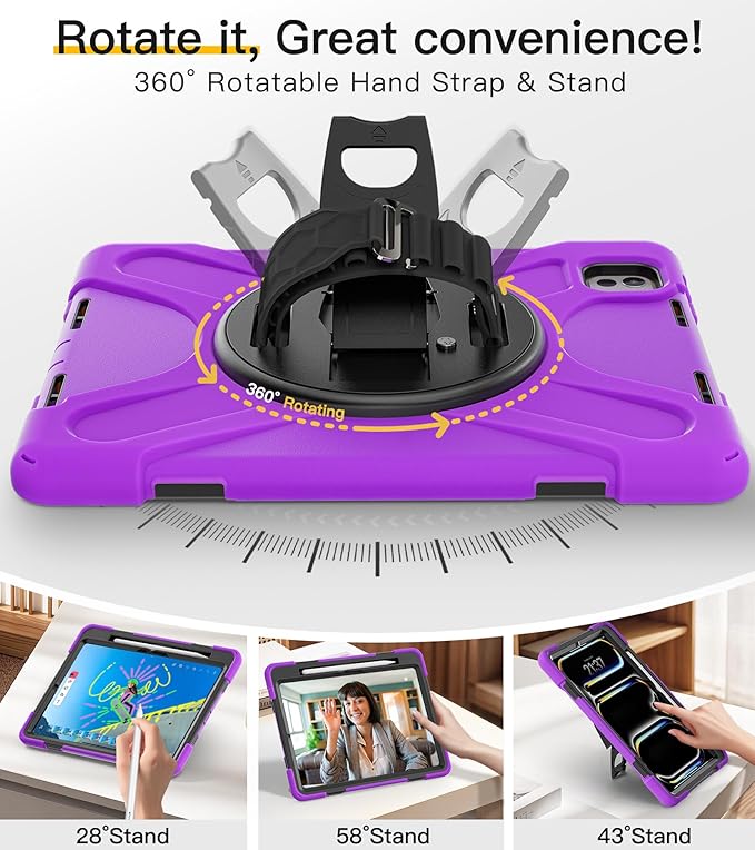 BRAECN Case for iPad Pro 11 inch M5 2025 & M4 2024, 4 Layers Heavy Duty Full-Body Protection Screen Protector Pencil Holder, 360° Rotating Handle Kickstand, Shoulder Strap Kids Friendly