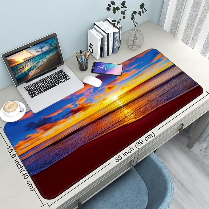 Desk Mat,Large Mouse Pad 35''×15.6'' XXL Extended Gaming Mouse Pad Mat with Non-Slip Base Stitched Eges Mousepad for Computer,Office,Keyboard and Laptop - Sunset Beach