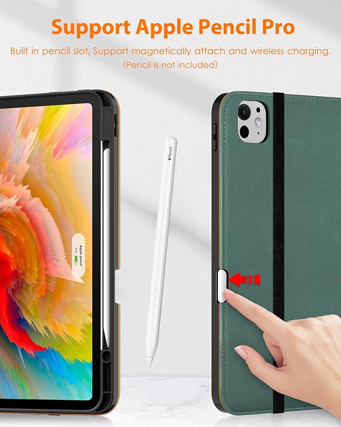 DTTO for iPad Pro 13 inch Case (M5/M4) 2025/2024, Premium Leather Business Folio Stand Cover with Pencil Holder-Auto Wake/Sleep & Multiple Viewing Angles, Built in Hand Strap & Pocket, Midnight Green