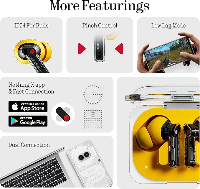 Nothing Ear (a) Wireless Earbuds, 45dB Hybrid Noise Cancelling Earbuds, Hi-Res Audio, Advanced Equaliser, Dual Connect, 6 Mics, 42.5H Playtime Ear Buds Wireless Bluetooth, Yellow