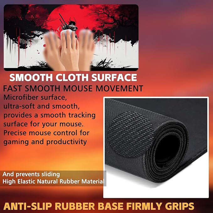 Large Gaming Mouse Pad, Cool Japanese Samurai Desk Mat, Red and White Samurai Desk Pad, 31.5"x15.7" Extended Big Computer Keyboard Mouse Pad with Non-Slip Base and Stitched Edge