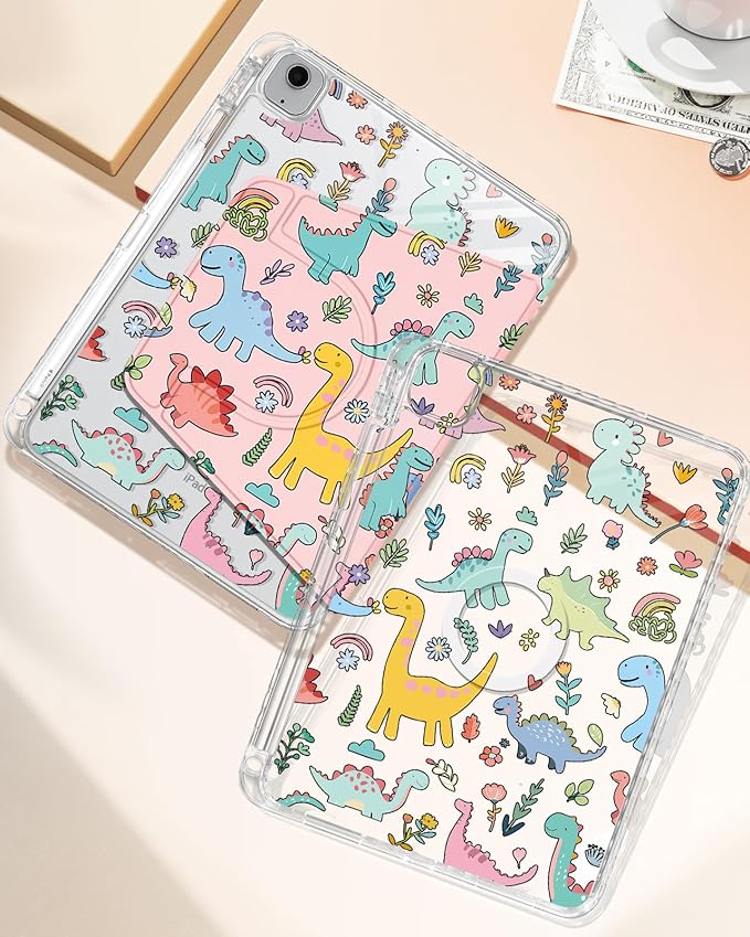 Shorogyt for iPad Air 11 Inch Case Air M4 2026, 8th Gen/M3 2025/M2/Air 5th Generation 2022/Air 4th Gen 2020/Pro 11 Inch Case Magnetic Stand for Women - Cute 360 Degree Rotating Covers Dinosaur