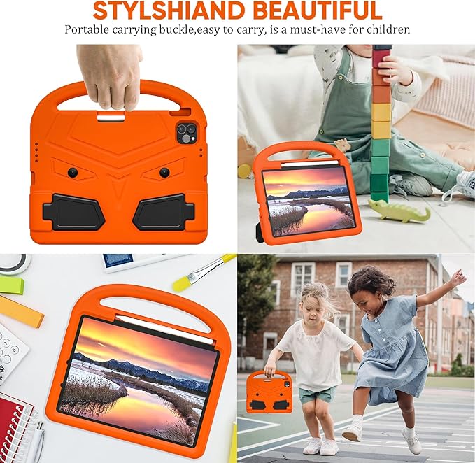 Kids Case for Apple iPad Air 11-inch M3 (2025) /M2 (2024) with Pencil Holder/Handle/Kickstand Lightweight Soft EVA Foam Shockproof Stand Tablet Cover for iPad Air 11" M3/M2, Orange Bird