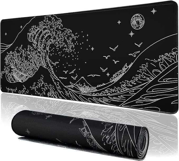 MEWOOCUE® Large Gaming Mouse Pad for Computer,Black Japanese Sea Wave Anime Mouse Mat,Long XXL Waterproof Keyboard Pads,Big Non-Slip Mouse Pads for Game Office Home（31.5 x 11.9 in）