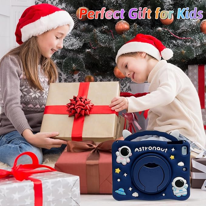 Dteck for iPad 9th/8th/7th Generation Case 10.2",Cute Cartoon Funda 3D Unique Design Light Rotating Handle Stand Shoulder Strap Soft Silicone Drop Rugged Shockproof Protective Kid-Proof Case,Astronaut