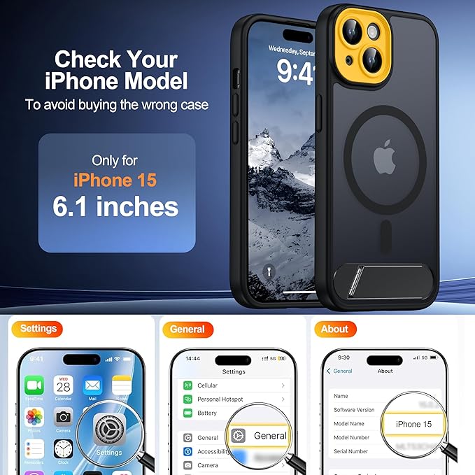 Magnetic Compatible with iPhone 15 Case, [Built-in Invisible Kickstand][Compatible with MagSafe][Full Camera Protection] Translucent Matte Phone Case for iPhone 15 6.1"