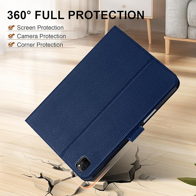 Genuine Leather Case for iPad Pro 11 Inch 4th/3rd/2nd/1st Generation 2022/2021/2020/2018 | with Pencil Holder and Adjustable Stand, Magnetic Closure, Auto Wake/Sleep Cover | Blue