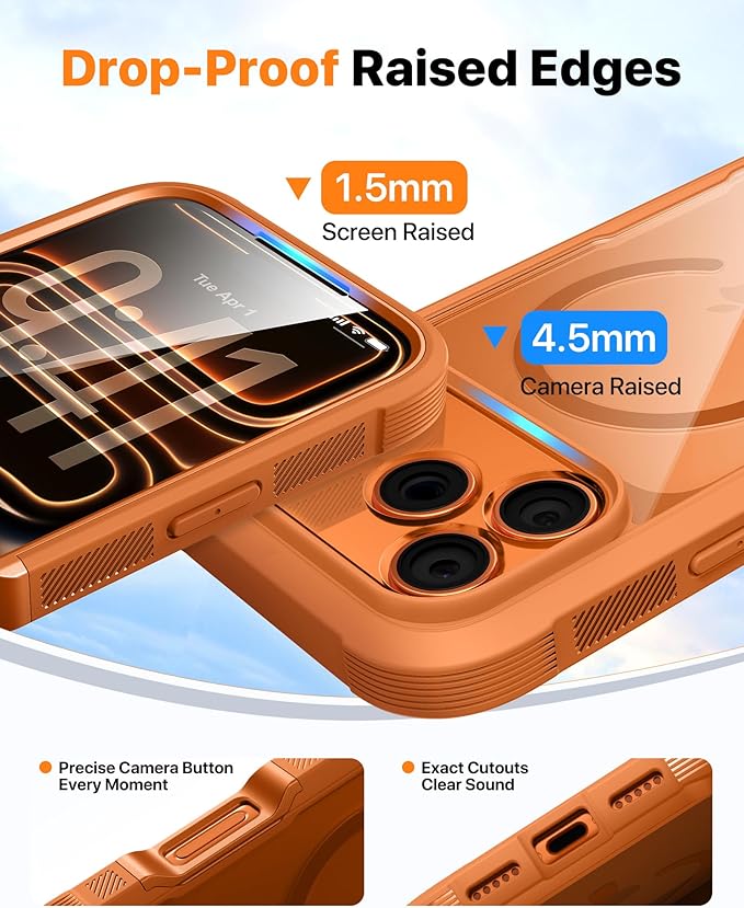 Diaclara Magnetic Designed for iPhone 17 Pro Case 6.3'' [Full Camera Protection] Full Body Bumper,[Compatible with MagSafe] Military Drop Proof Phone Case w/Built-in Screen Protector,Orange