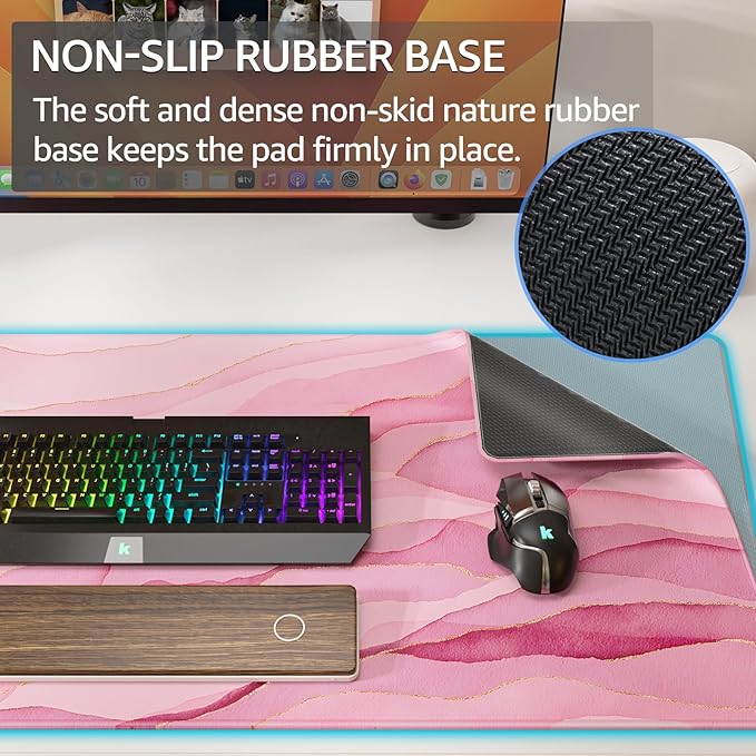 KTRIO Large Gaming Mouse Pad Desk Mat, Superior Micro-Weave Cloth, Non-Slip Rubber Base, Stitched Edges, Water-Resistant, for Gamer, Office & Home, 31.5 x 15.7 Inch，Pink Glow