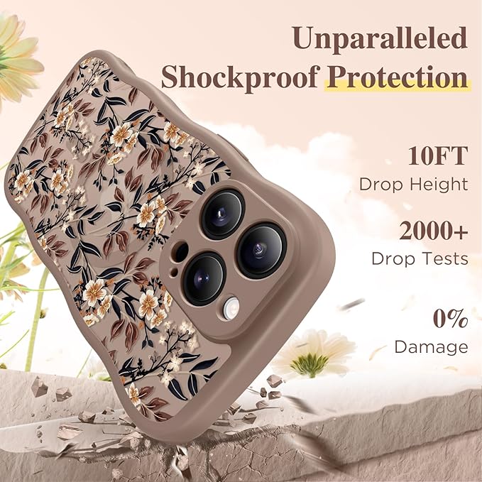 GVIEWIN for iPhone 15 Pro Case Compatible with MagSafe [Curly Wave Edge][Full Camera Protection] Floral Translucent Shockproof Magnetic Women Phone Case for iPhone 15 Pro 6.1'', Bunchflower/Brown