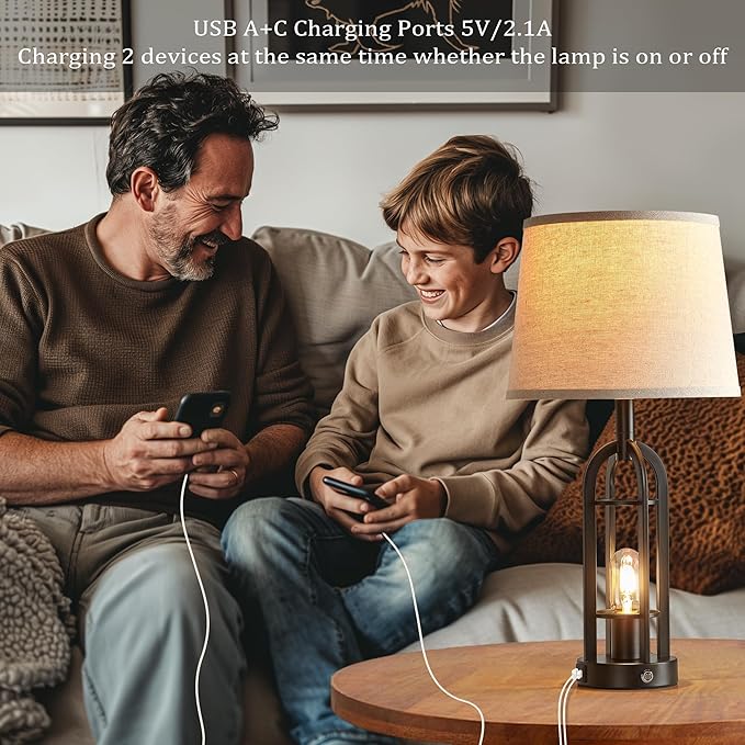 SRJJA 24" Table Lamps for Living Room Set of 2, Farmhouse Industrial 3-Way Dimmable Touch Bedside Lamps with USB A+C for Bedroom Nightstand，4 Bulbs Included