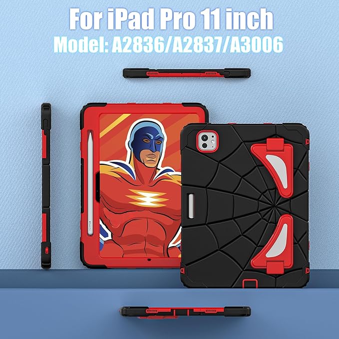 AKABEILA Compatible with Apple iPad Pro 11(2024) 11 inch Tablet Case，Lightweight Shockproof Rugged Protective Cover with Kickstand for Kids Children Boys Babies Black Red