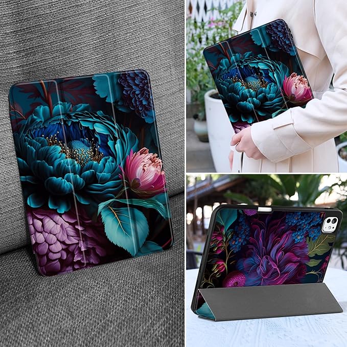 MEEgoodo Case for M5 iPad Pro 11 inch 2025/M4 iPad Pro 11 inch Case 2024, Tablet Cover with Trifold Stand & Pencil Holder & Auto Wake/Sleep & Soft TPU Back Cover, Beautiful Fantasy Flower