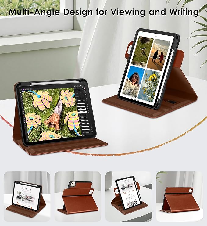 DTTO for iPad Air 11 inch Case M4 / M3 / M2 (2026/2025/2024), iPad Air 5th / 4th Gen (2022/2020), 360 Degree Rotating Premium Leather Folio Stand Cover with Pencil Holder, Brown