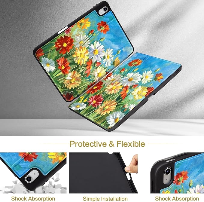 Lokigo New for iPad (A16) 11th Generation Case 11 Inch 2025, iPad 10th Generation Case 10.9 inch 2022 with Pencil Holder, Support Touch ID, Oil Painting Daisy