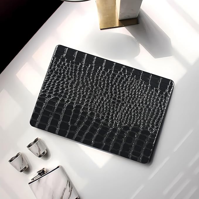 Compatible with Crocodile MacBook Air 13 inch Case 2021 2020 2019 2018 M1 A2337 A2179 A1932, Textured Elegant Luxury Aligator Skin Snakeskin PU Leather Hard Shell & Keyboard Cover, Shiny Black