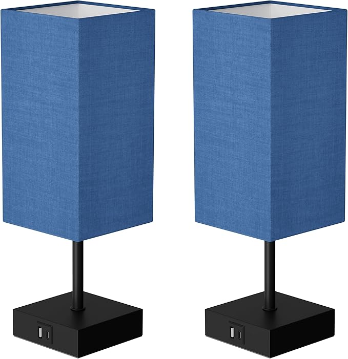 Bedside Table Lamp for Bedroom Set of 2, 3 Way Dimmable Touch Lamp with USB C+A Charging Ports, Small Nightand Lamps for Bedroom Decor, Living Room, LED Bulbs Included, Upgraded Navy Blue