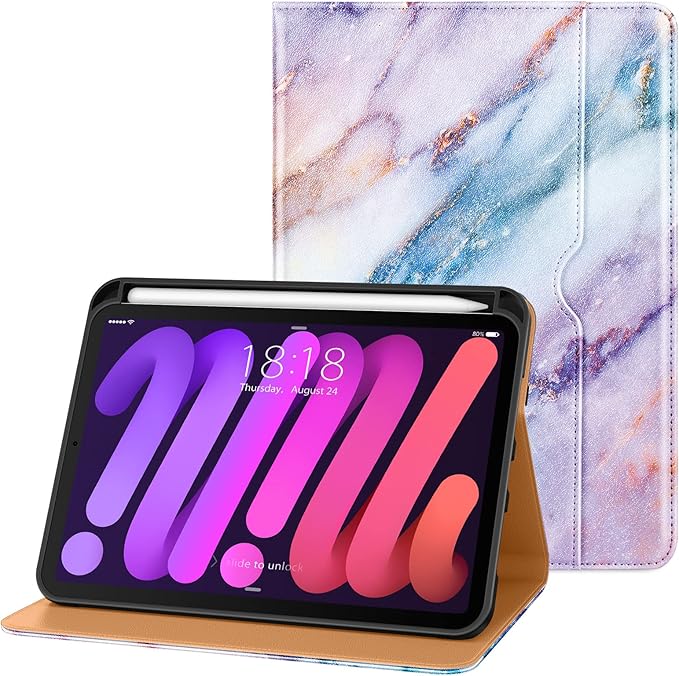 DTTO for iPad mini 7th (A17 Pro) 2024/iPad Mini 6th Generation Case 2021 8.3 Inch, Premium Leather Business Folio Stand Cover for Mini 7/6 with Pencil Holder-Multiple Viewing Angles, Marble Pink