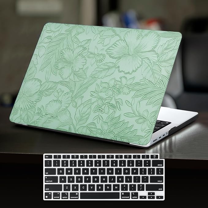 DTangLsm for MacBook Pro 13 inch Case M2 2026-2016 M1 A2338 A2251 A2289 A2159 A1989 A1708 A1706, Elegant Retro Leather Hard Cover for MacBook Pro 13in 2019 Case + Keyboard Cover, Green Embossed Floral