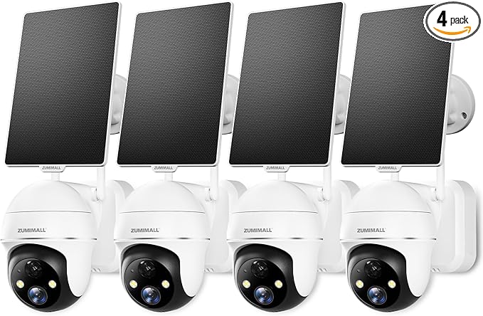 ZUMIMALL 2K Solar Security Cameras Wireless Outdoor 4-Pack, Solar Powered Cameras for Home Security with 360° View, Color Night Vision, 2-Way Talk, AI Motion Alert, Siren, CloudEdge App Supported