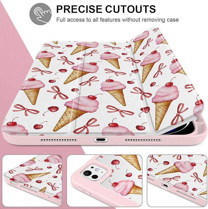 TWOLSKOO Case for iPad Pro 11-inch (M5 2025 / M4 2024), Clear Acrylic Back with TPU Bumper, Pencil Holder, Trifold Stand, Auto Sleep/Wake, Ice Cream & Bows