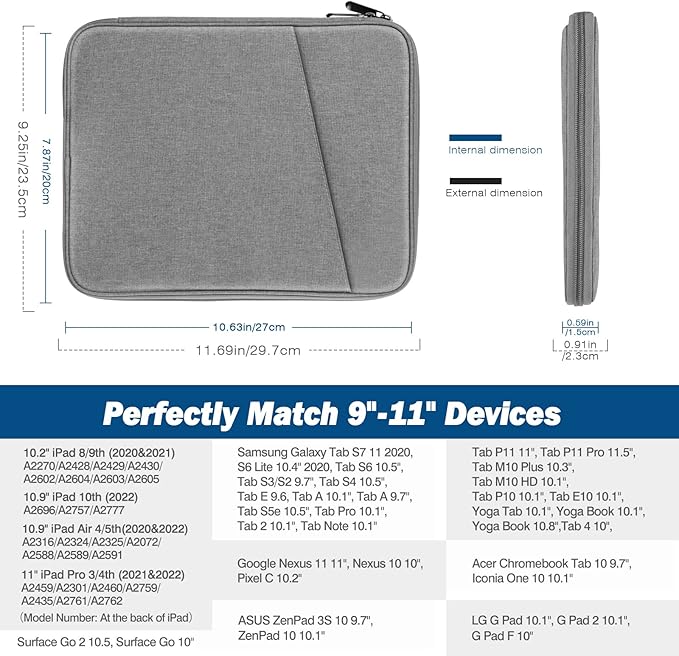 MoKo 9-11 Inch Tablet Sleeve Case, Fits New 11inch iPad Air M4/Pro M5, iPad A16 11", i-Pad 10/9/8/7th/Air 5/4th 10.9"/10.2", Tab S9/S8 11", Protective Bag Carrying Case with Pocket,Light Gray