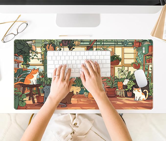 Large Desk Mouse Pad Cute Cats Desk Mat, Extended Gaming Mouse Mat, Office Home Keyboard Pad, Green Plant Computer Mats XXL, Cute Full Desktop Mat, Anime PC Accessories for Women 31.5" x 15.75"