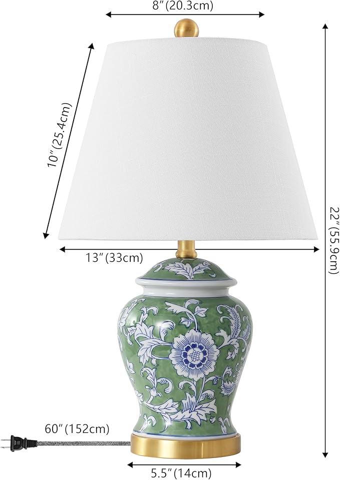 JONATHAN Y 22" Green/White Ceramic Table Lamp, French Country Chinoiserie Ginger Jar LED Bedside Lamp for Living Room Bedroom, White Linen Shade (JYL3005E)