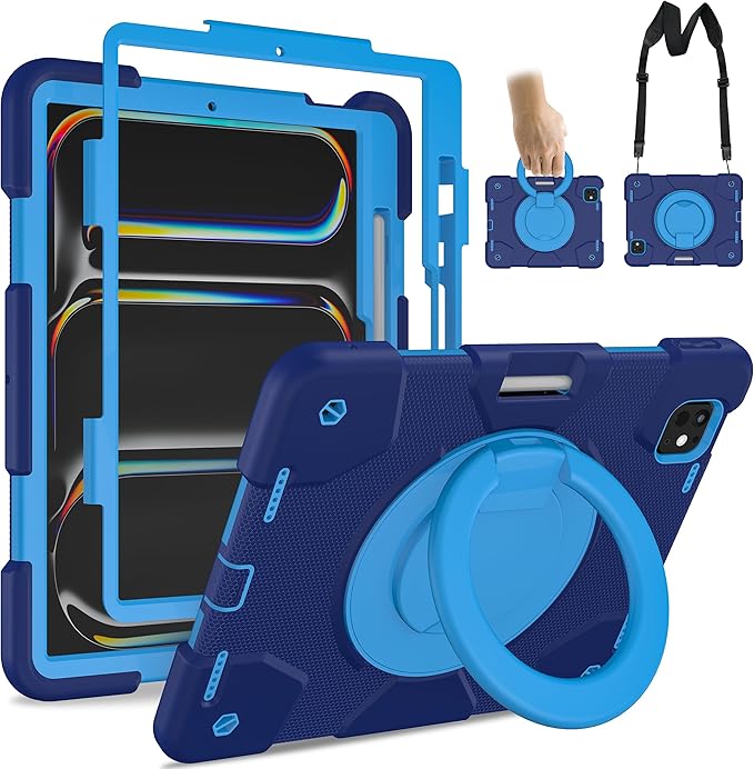 Andnary Case for iPad Pro 11 Inch M4 2024/M5 2025 Case, Heavy Duty Shockproof Cover with Screen Protector/360° Rotate Stand/Shoulder Strap/Pencil Holde (Navy+Blue, iPad Pro M4/M5 11 inch)