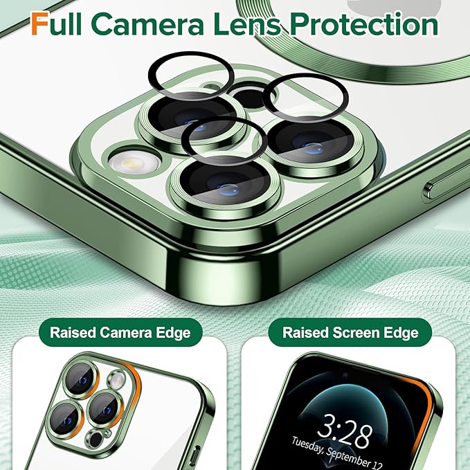 Hython Magnetic Clear for iPhone 12 Pro Max Case with Camera Lens Protector [Compatible with MagSafe] Plating Edge Slim Soft TPU Cover Protective Phone Case for iPhone 12 Pro Max 6.7", Deep Green