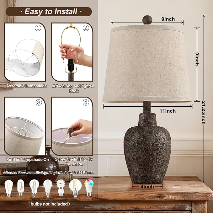 21" Table Lamps for Bedroom Set of 2 Small Farmhouse Bedside Lamps for Living Room Rustic Cottage Jar-Shaped Lamp for Nightstand Retro Brown Finish,Bulbs Not Included ﻿