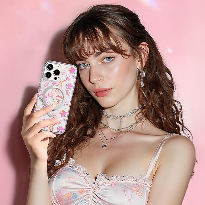 CASEKOO Floral Series [ArtCollab x Leah Han] Floral Jellyfish for iPhone 16 Pro Max Case with Magnetic Ring Stand [Compatible with MagSafe] [Military-Grade Protection] Clear Back, Soft Edge, for Women