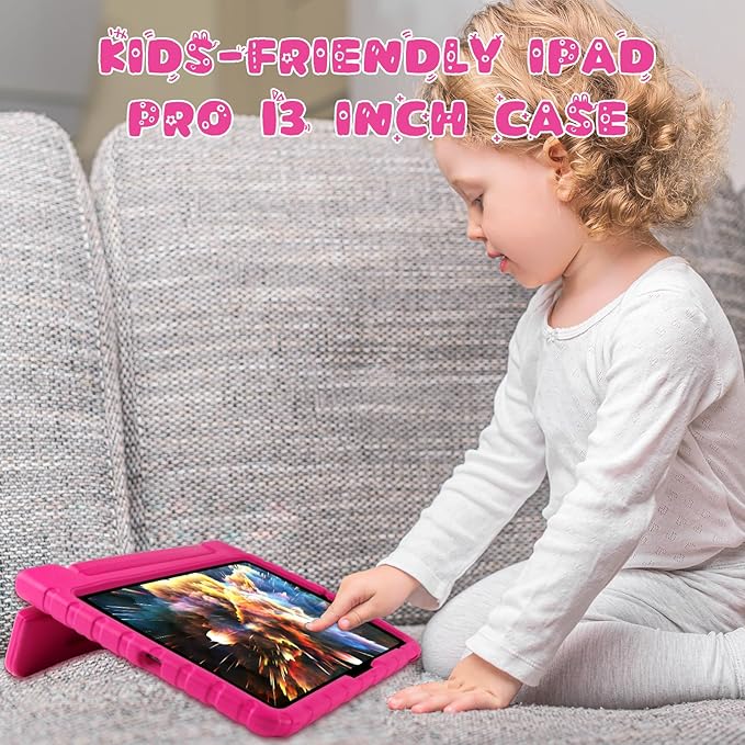 for iPad Pro 13 inch Case 2024, Shockproof Kids iPad 13 Pro Case, Protective Cover for iPad Pro 13 M4 with Pencil Holder, Anti-Slip Handle Stand, Rose Red
