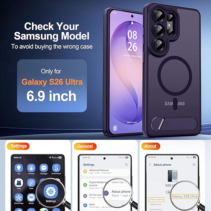 Magnetic for Samsung Galaxy S26 Ultra Case, [Compatible with MagSafe][Full Camera Protection][Built-in Invisible Kickstand] Translucent Matte Phone Case for S26 Ultra 6.9" - Purple