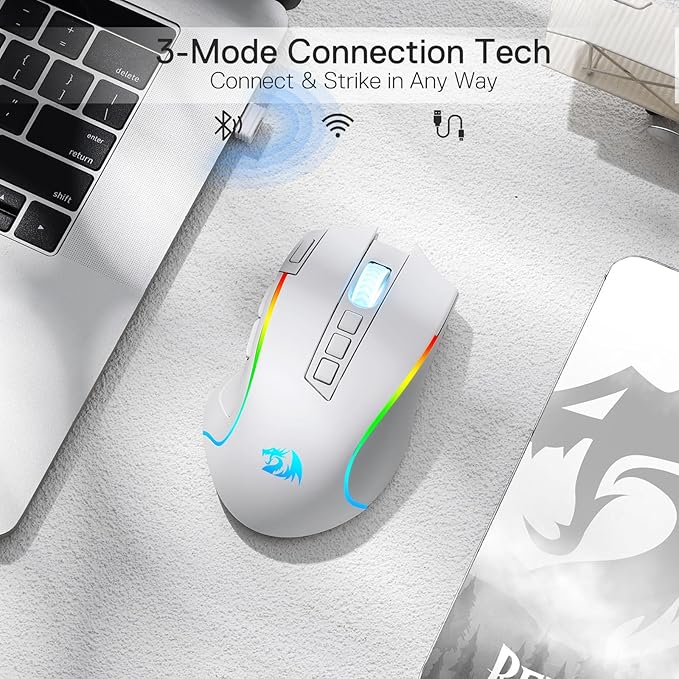 Redragon M612 PRO RGB Gaming Mouse, 8000 DPI Wired/Wireless Optical Mouse with 9 Programmable Buttons & 6 Backlit Modes, BT & 2.4G Wireless, Software Supports, White