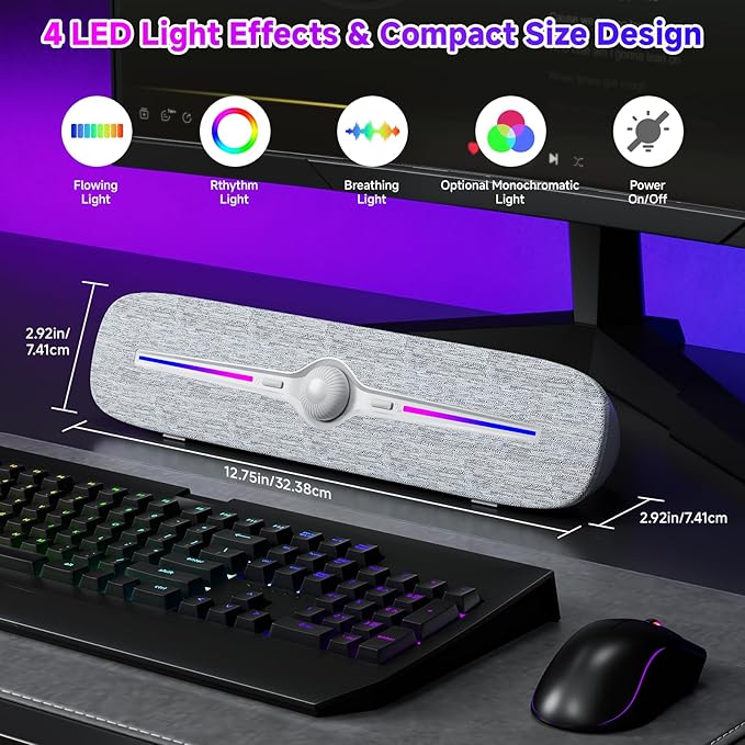 SOULION Computer Speakers for Desktop, USB Powered Bluetooth PC Speaker with Led Light, 3.5mm Aux Soundbar with Rotary Volume Control Button for Laptop Monitor White